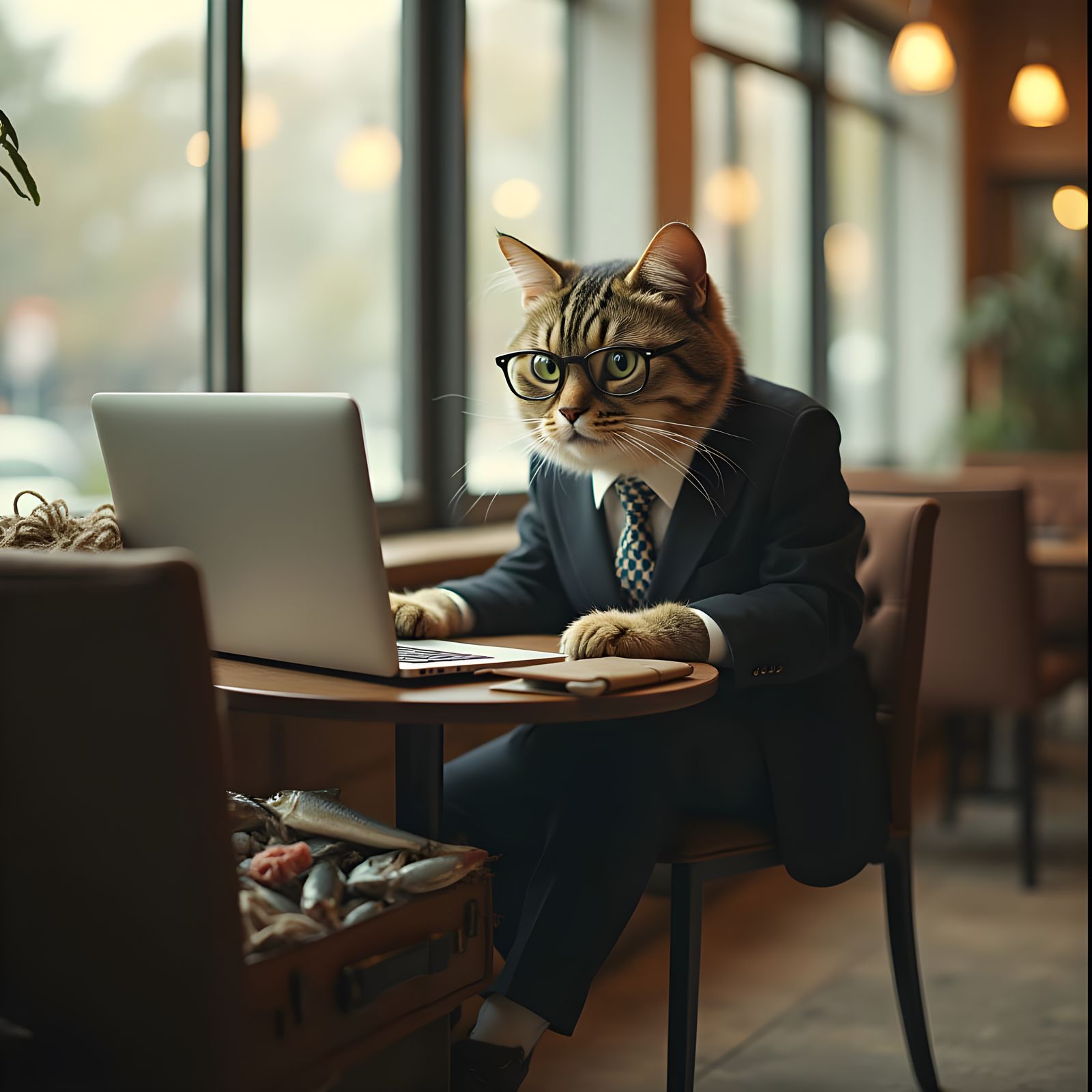 Serious Feline Entrepreneur in Coffee Shop
