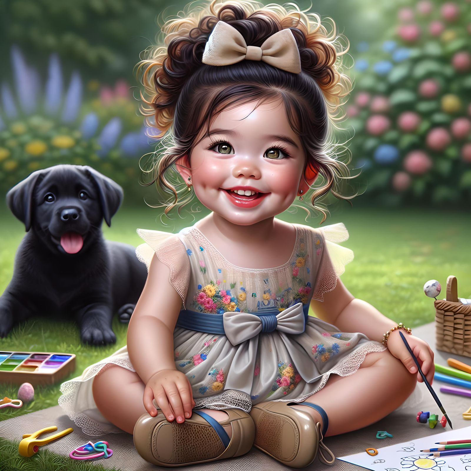 Charming Asian Baby Girl in Garden, Oil Painting