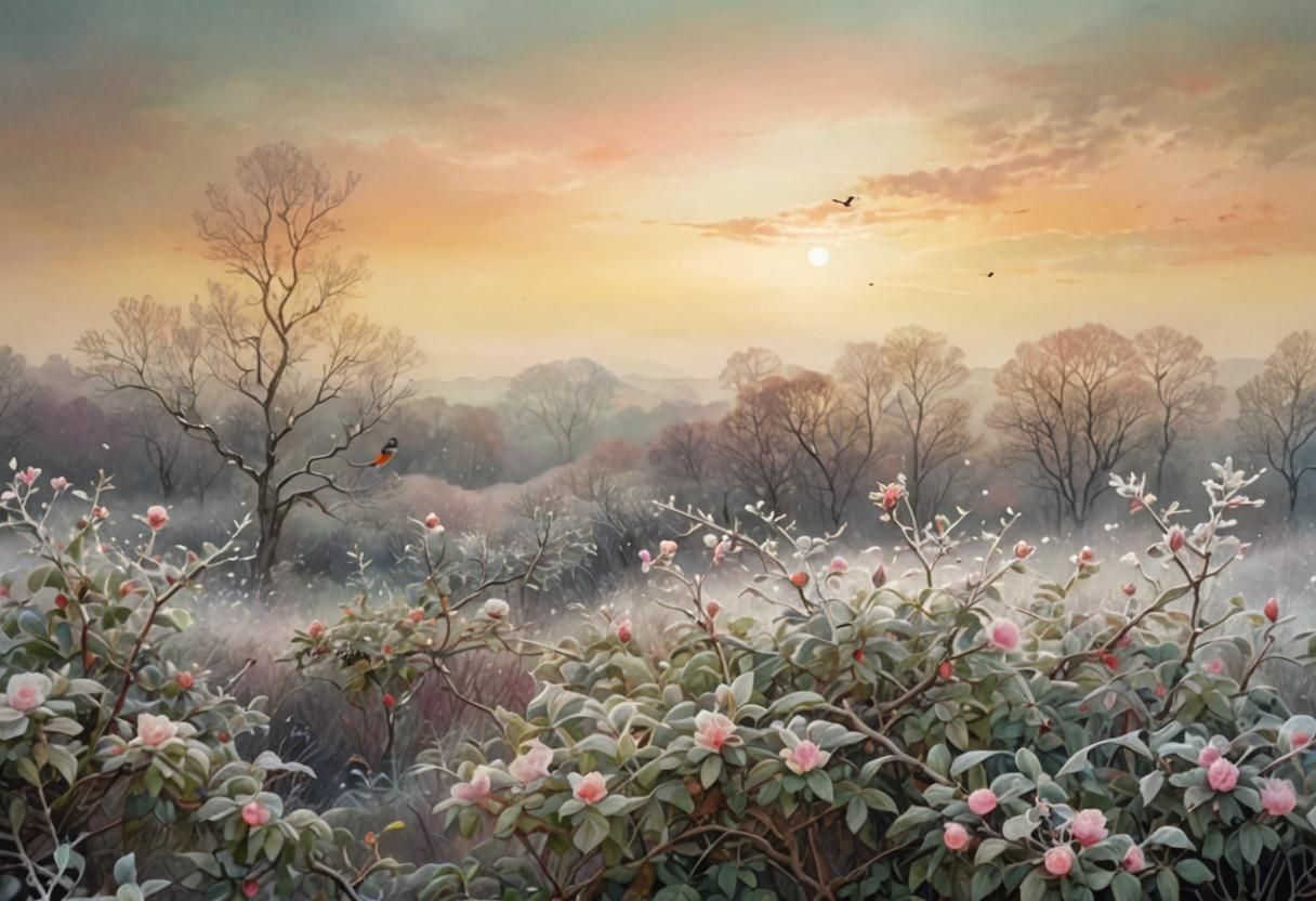 Bird on Frozen Rose: Whimsical Watercolor Landscape