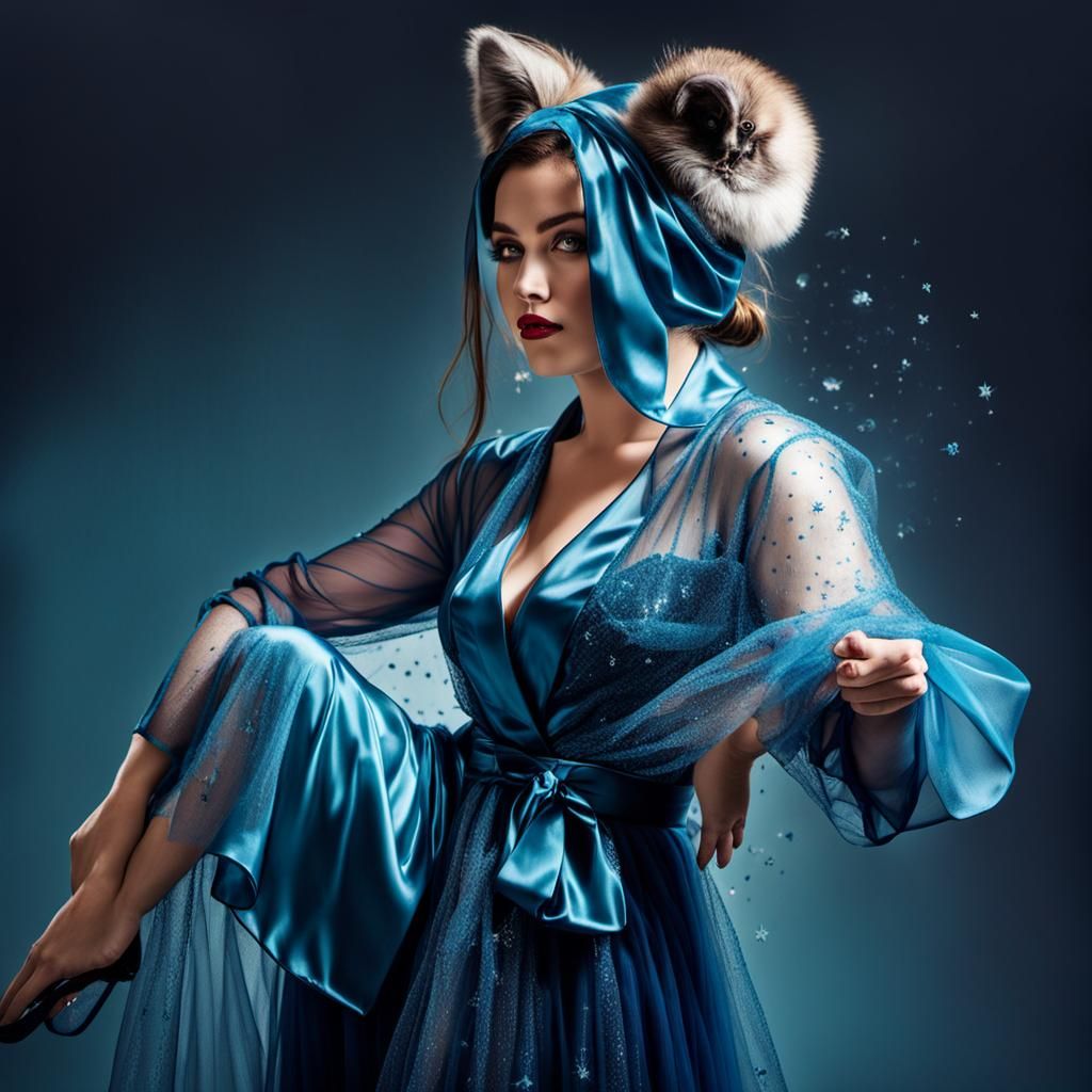 Woman wearing a blue tulle robe. Wearing Angora Rabbit Ear M...