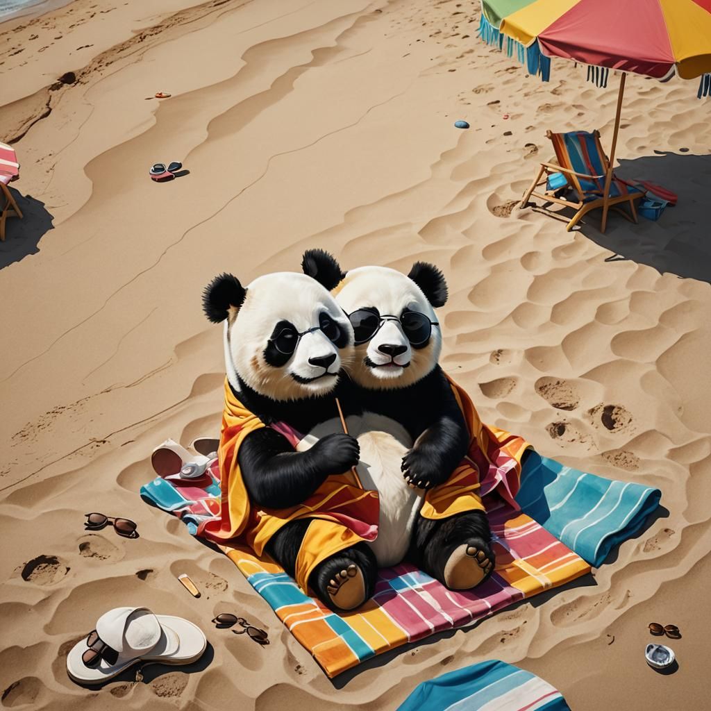 Panda Sunbathing on a Beach in Hyperrealistic Style