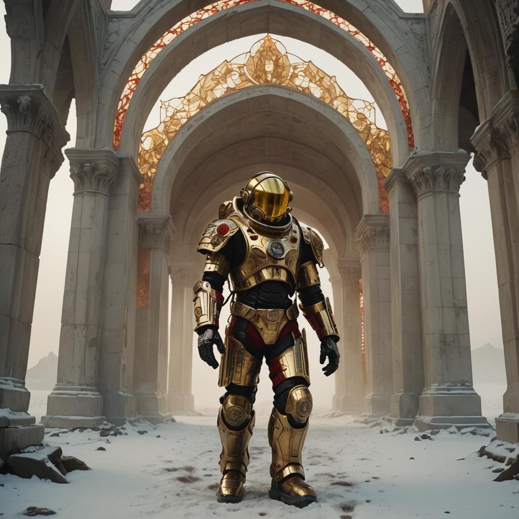 Biomechanical Astronaut in Golden Mask, Cinematic Still