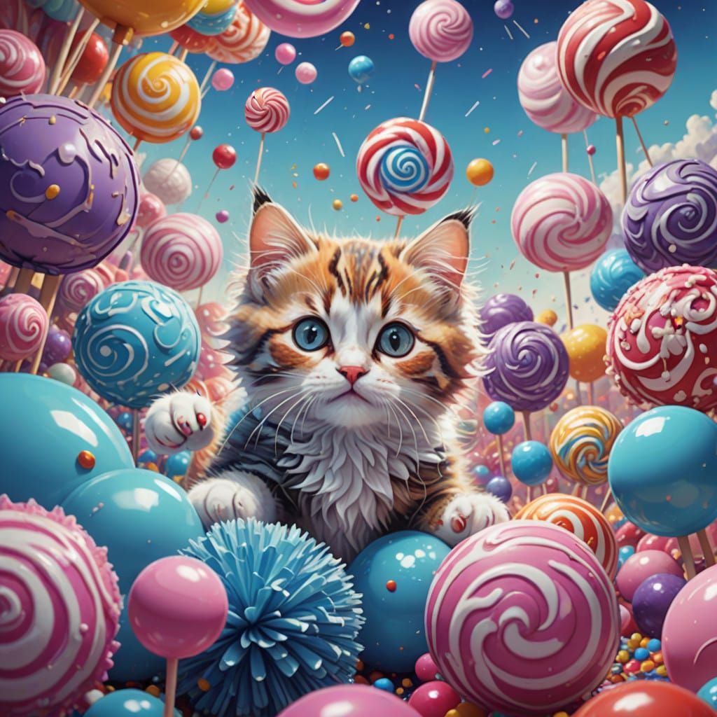 Whimsical Calico Kitten in Hyperrealistic Candyland Scene