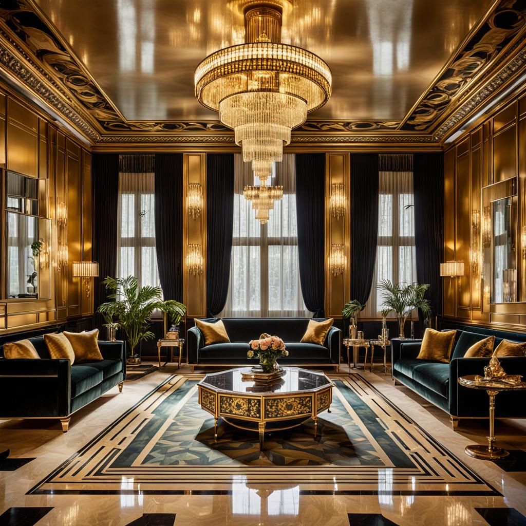 Luxurious Art Deco Living Room with Chandelier