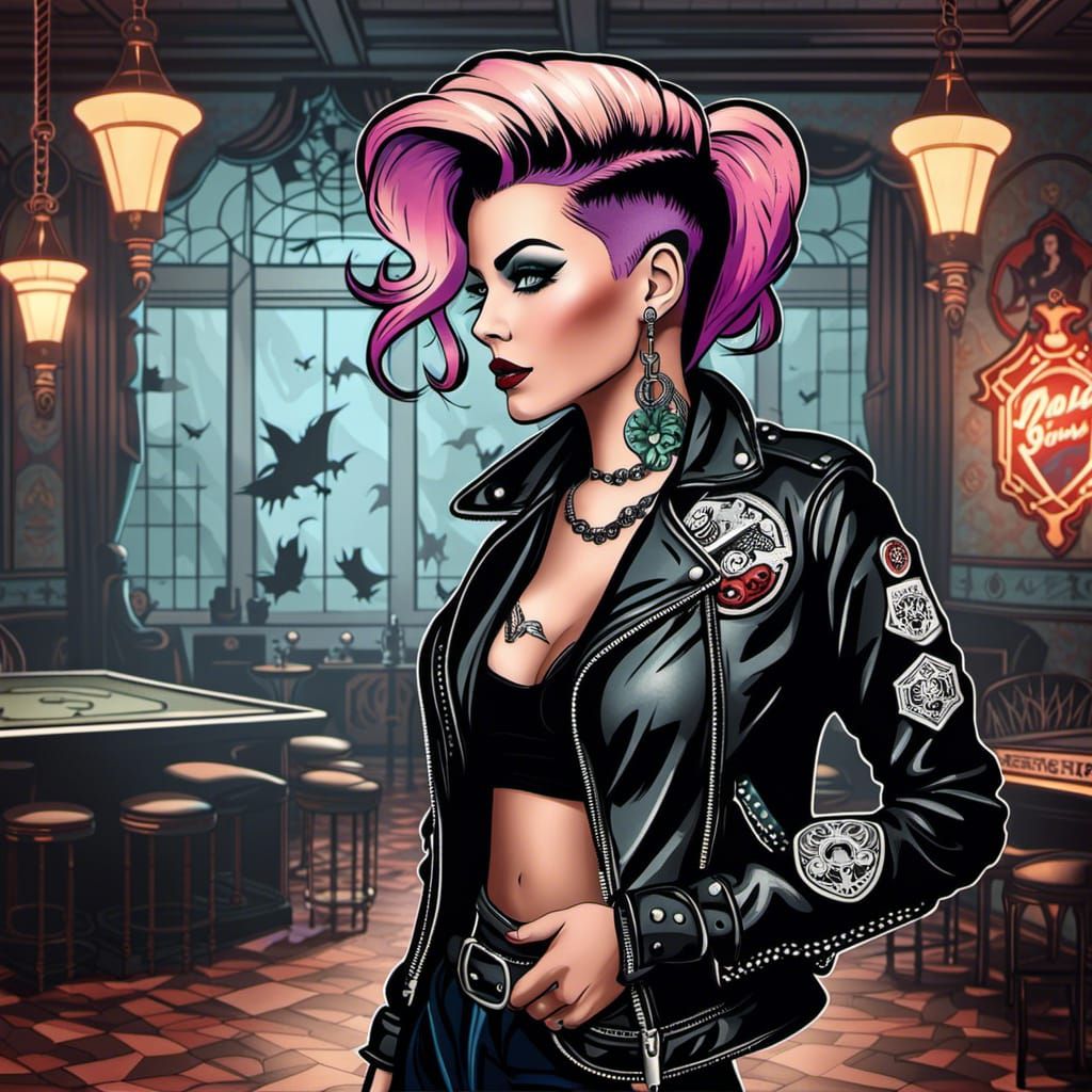 psychobilly woman with a retro hairstyle, wearing a leather ...