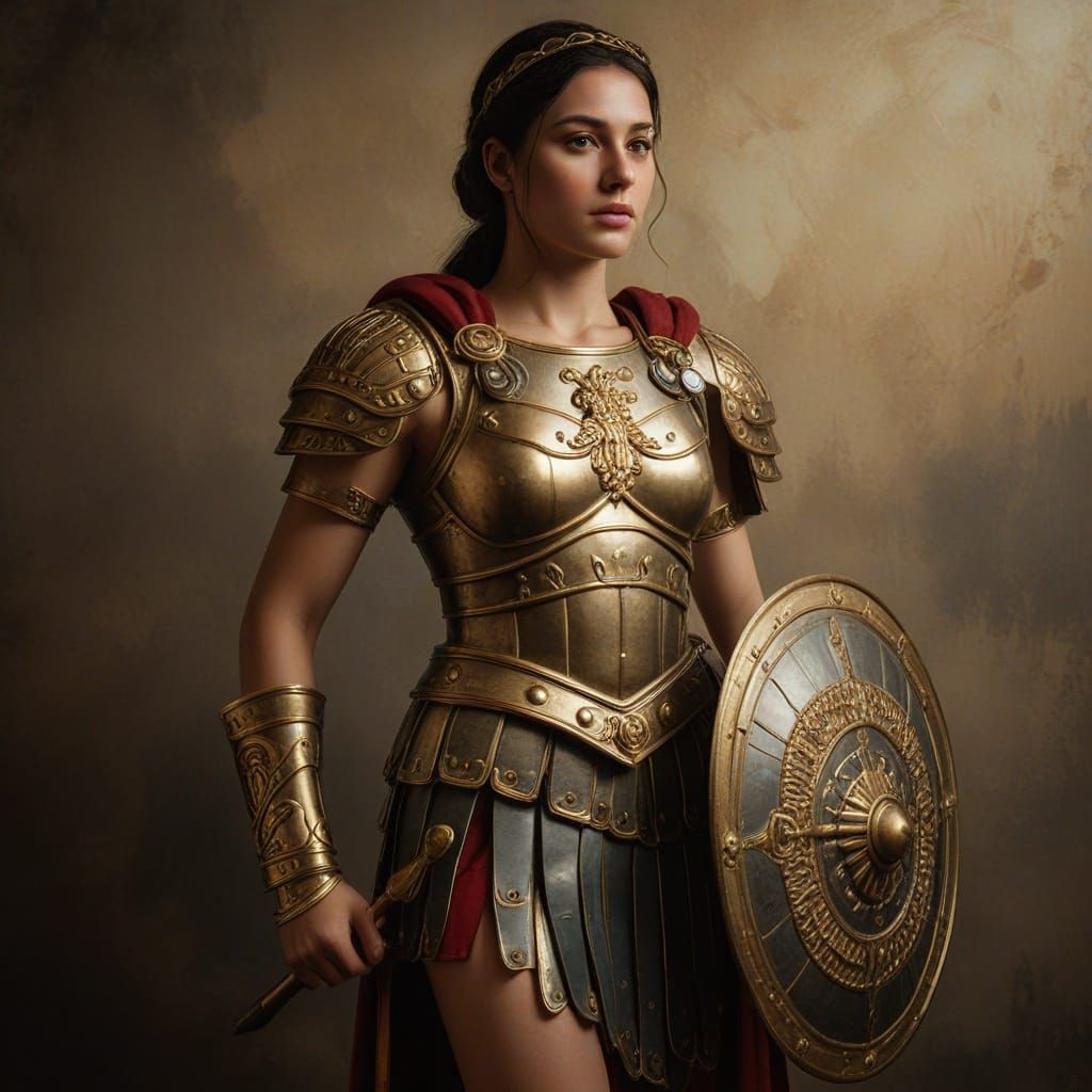 Heroic Roman Female Soldier in Golden Armor