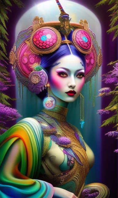 Cyberpunk Geisha Tarot Card in Art Nouveau Style