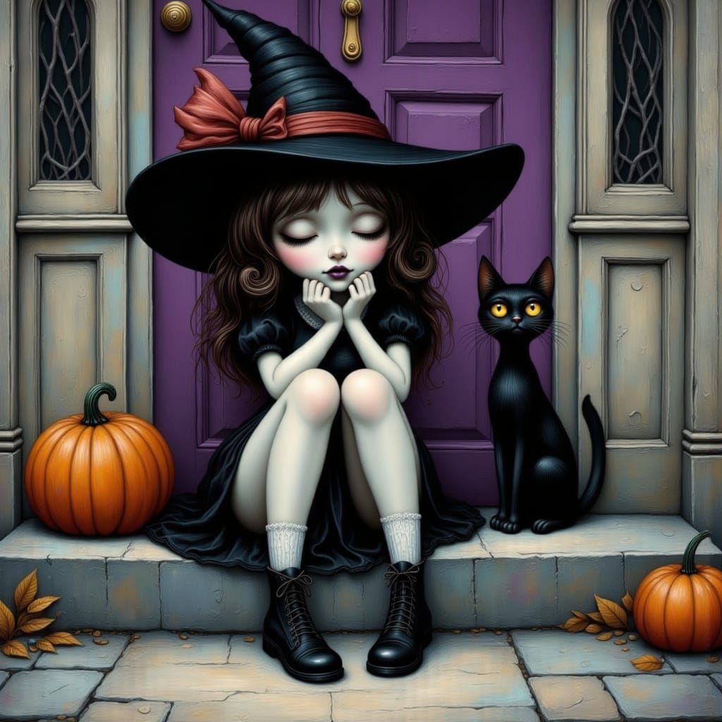 Melancholic Witch with Cat and Pumpkin