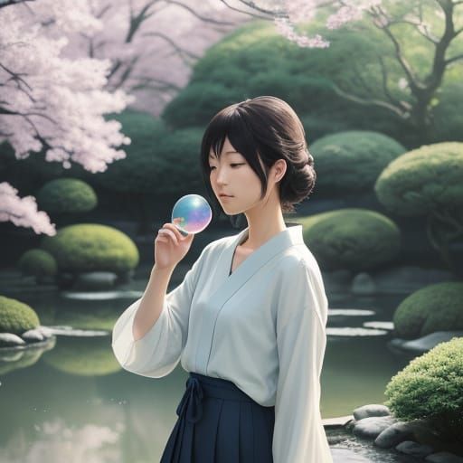 Whimsical Anime Girl in Serene Japanese Garden