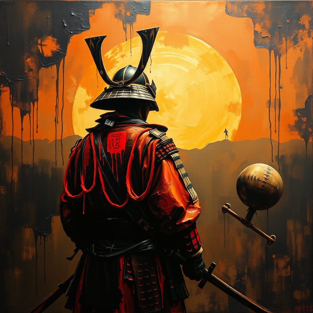 Samurai in Distance: Intense Impasto Oil Painting