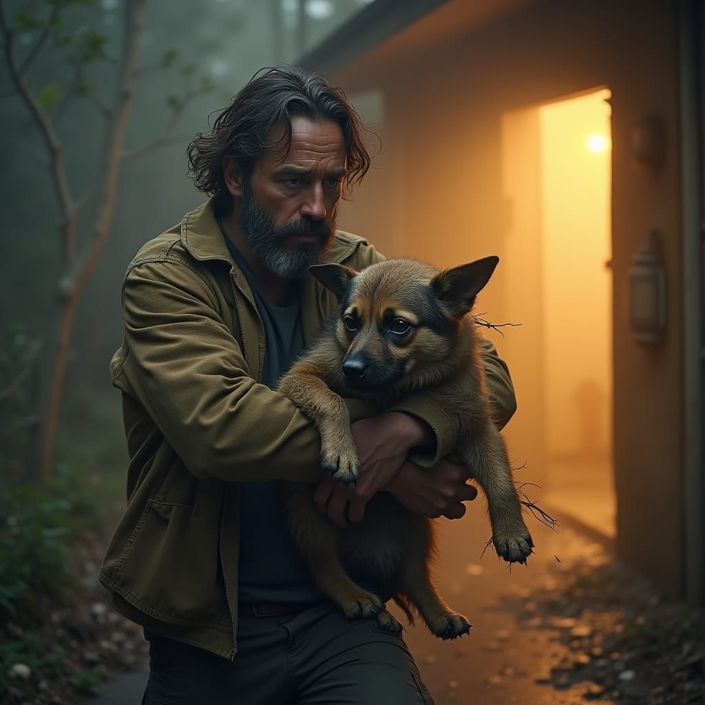 Man Rushing Injured Dog to a Mystical Clinic