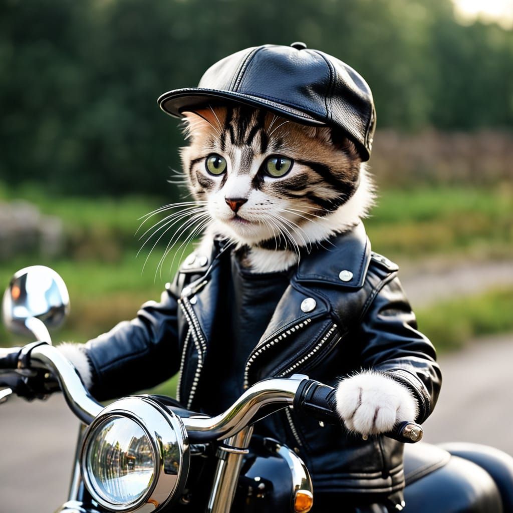 Biker Kitten on Motorcycle in Leather Outfit