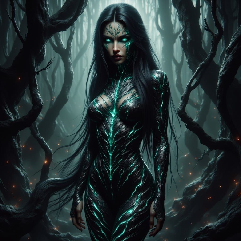 Sleek Serpentine Woman in Misty Forest