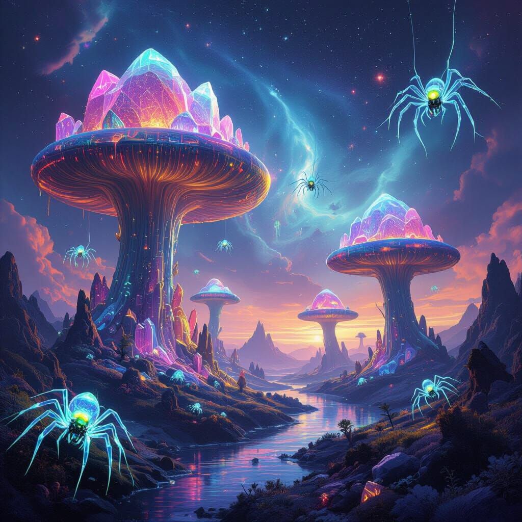 Surreal Crystal Islands in Nebula Sky