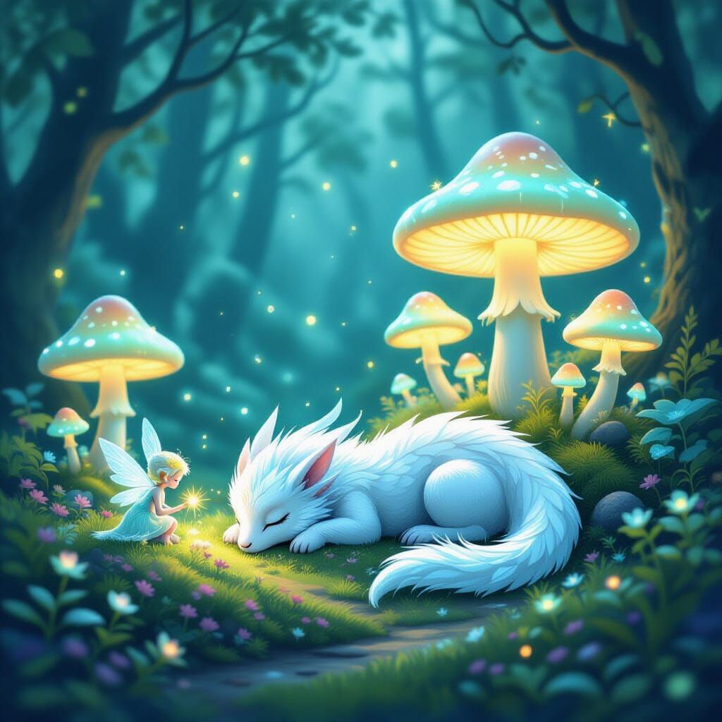 Gentle Fantasy Forest with Glowing Sprites and Feathered Ser...