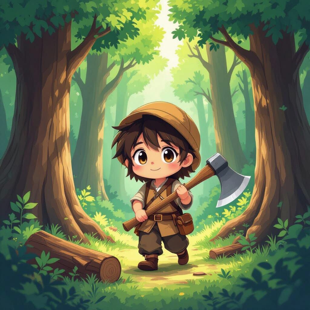 Chibi Woodcutter Enters Magical Forest in Anime Style