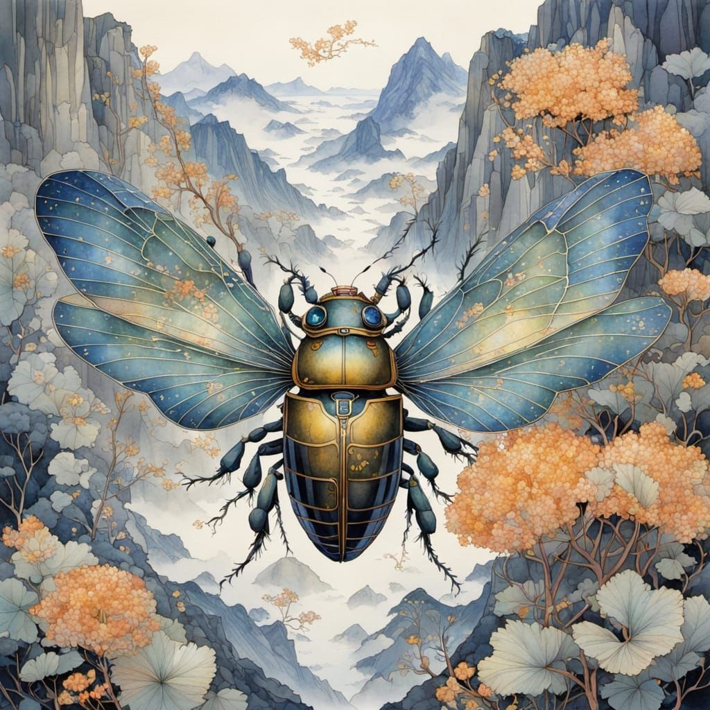 Watercolor Beetle Wings with Steampunk Train