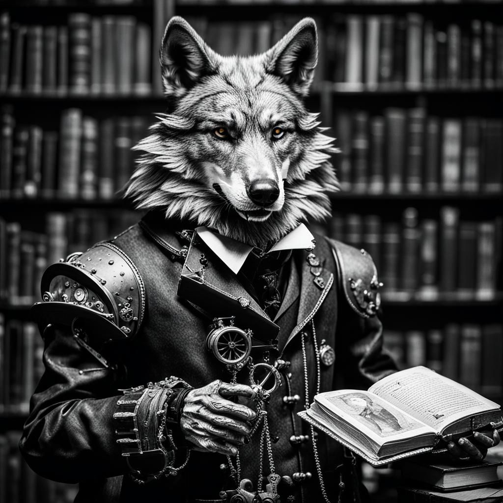 Steampunk Wolf Portrait in Library