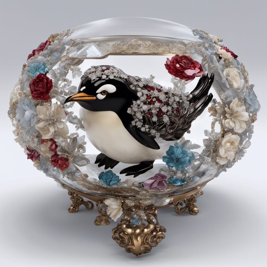 Penguin Pirate in Crystal Ship: Decoupage Art