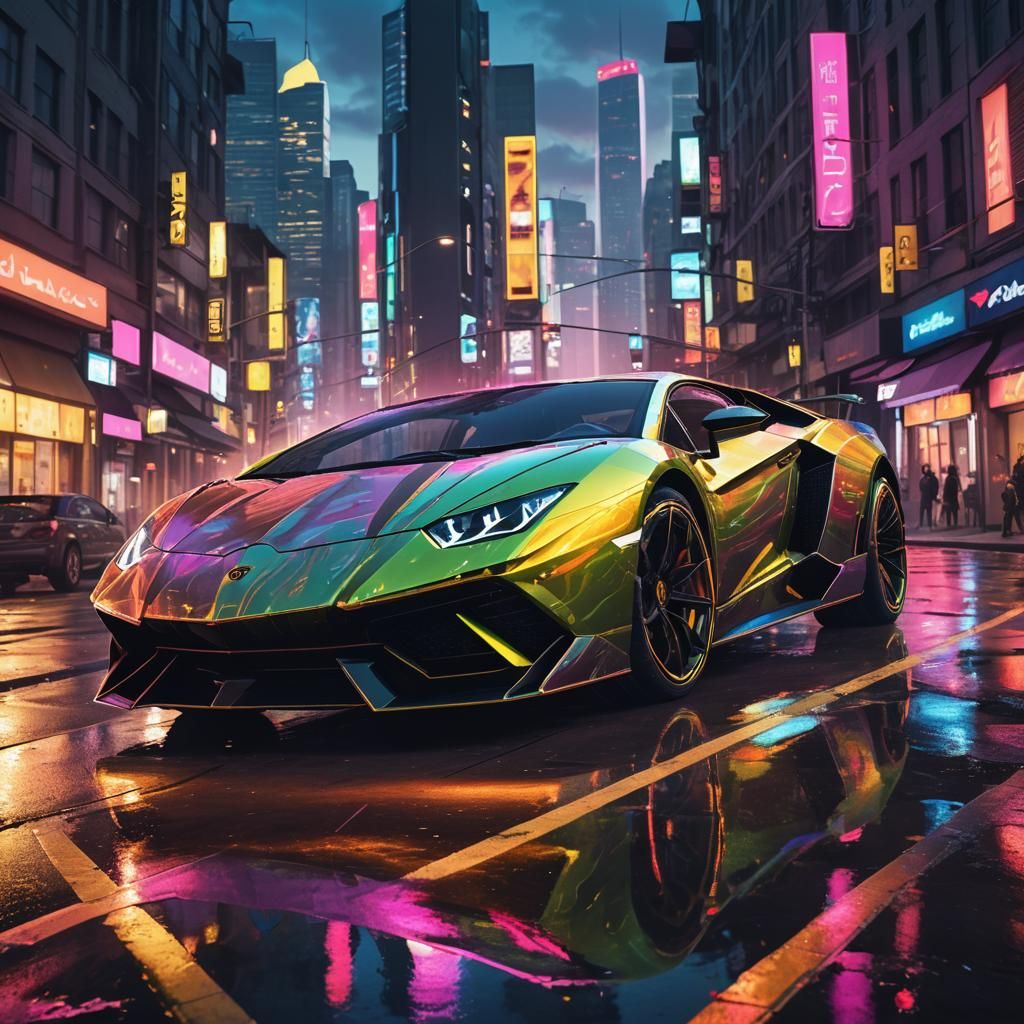 Lamborghini in a Futuristic Neon Cityscape