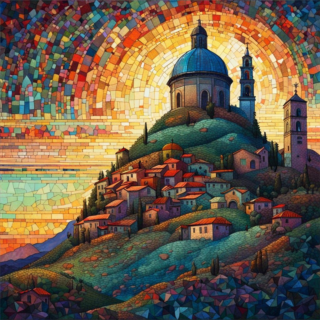 Vibrant Mosaic Poster Art of Italian Village