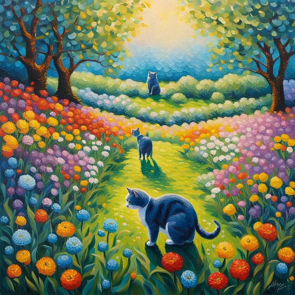 Spring Field with Cats: Neo-Impressionist Oil Painting