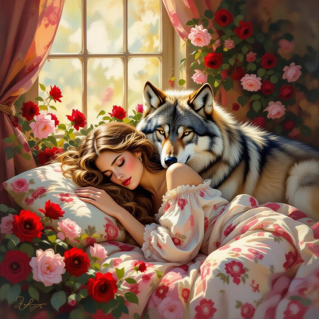 Woman and Wolf Sleeping Amidst Roses, Pre-Raphaelite Style