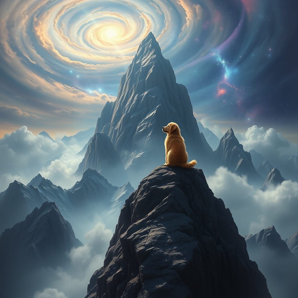 Giant Puppy on Misty Mountains Under Galactic Sky