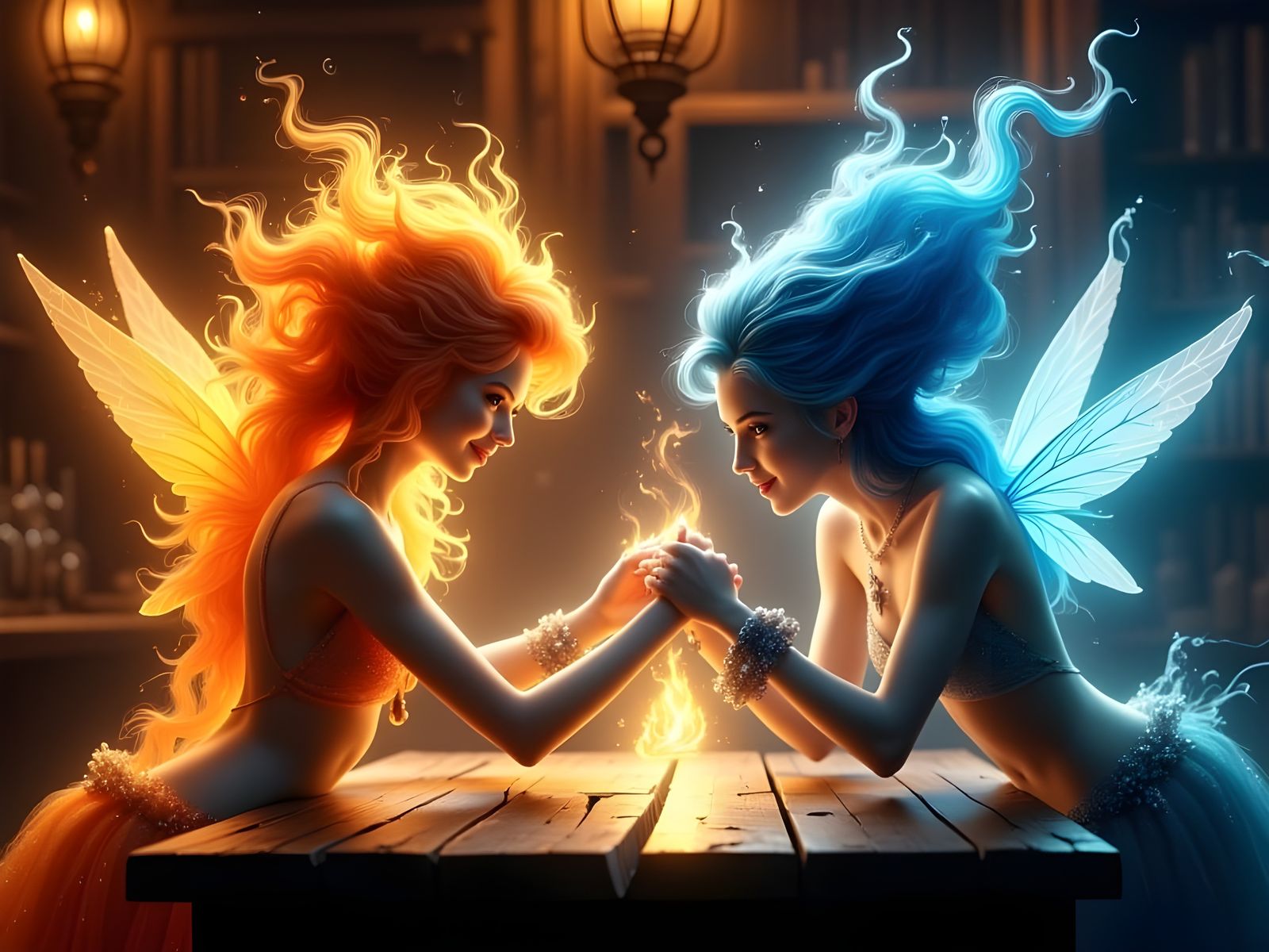 Ethereal Arm Wrestle Between Fire and Ice Sprites