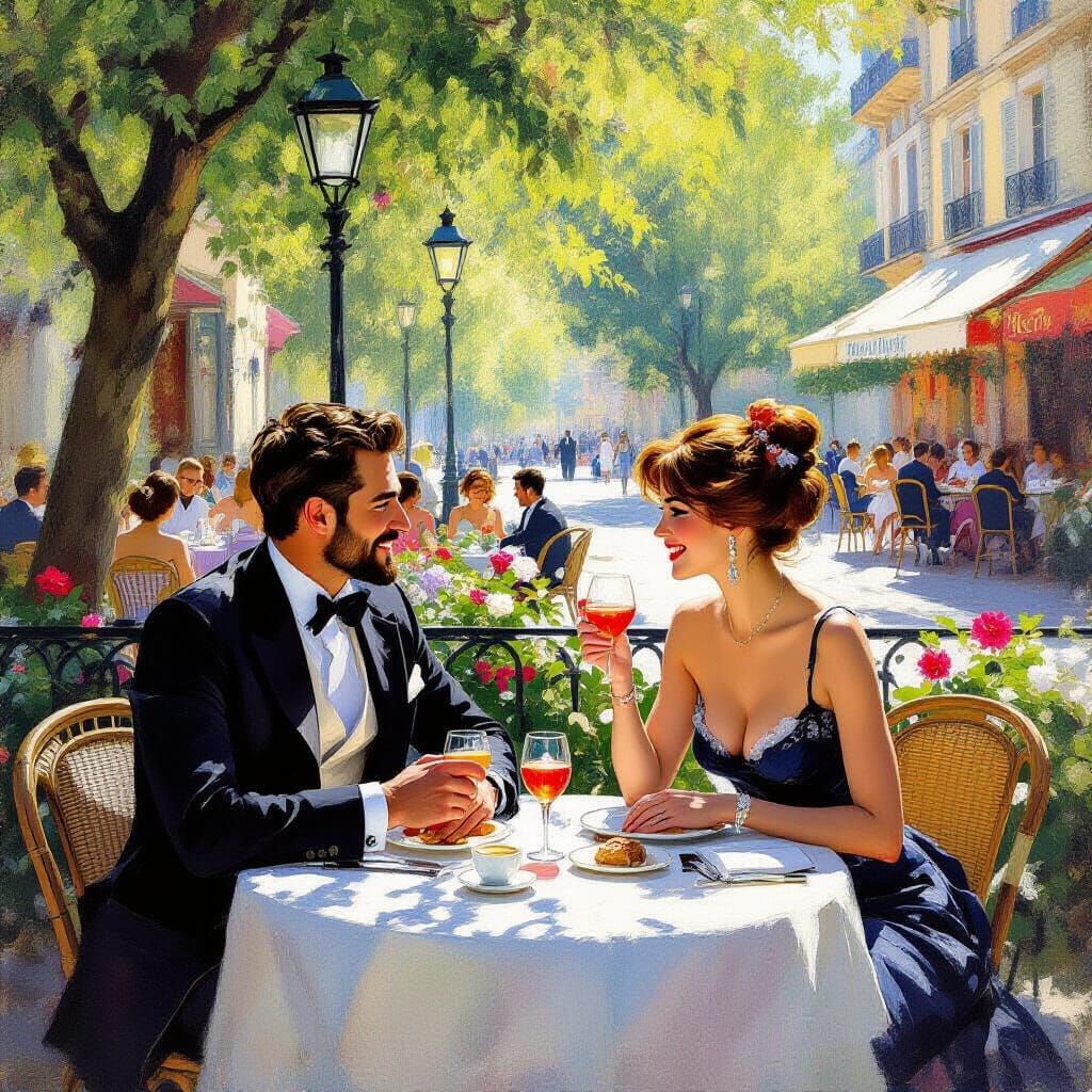 Romantic Impressionist Painting of Couple's Outdoor Lunch