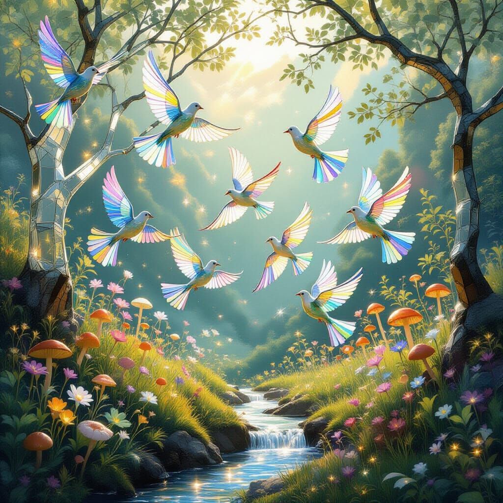 Glass Birds Fly from Crystal Tree: Hyperrealistic Fantasy