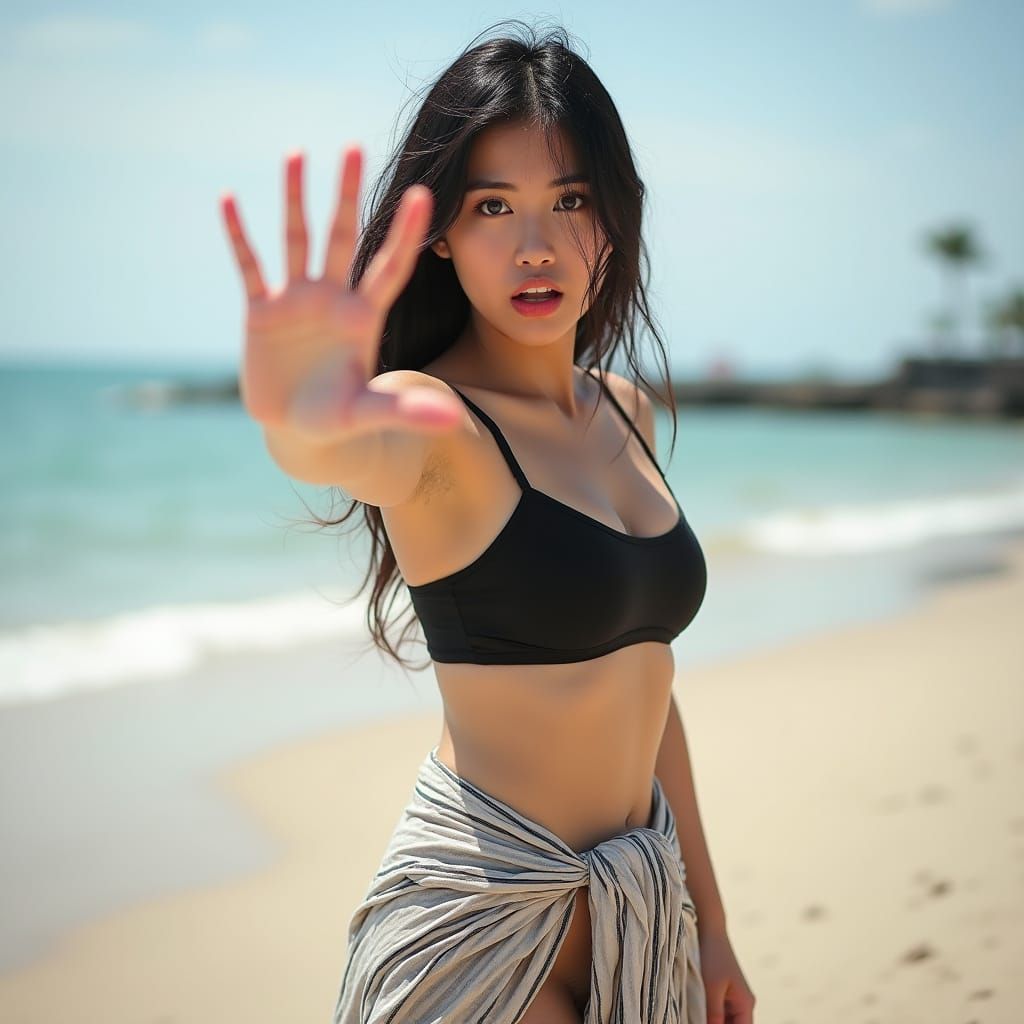 Asian Woman Captured in Candid Moment at the Beach