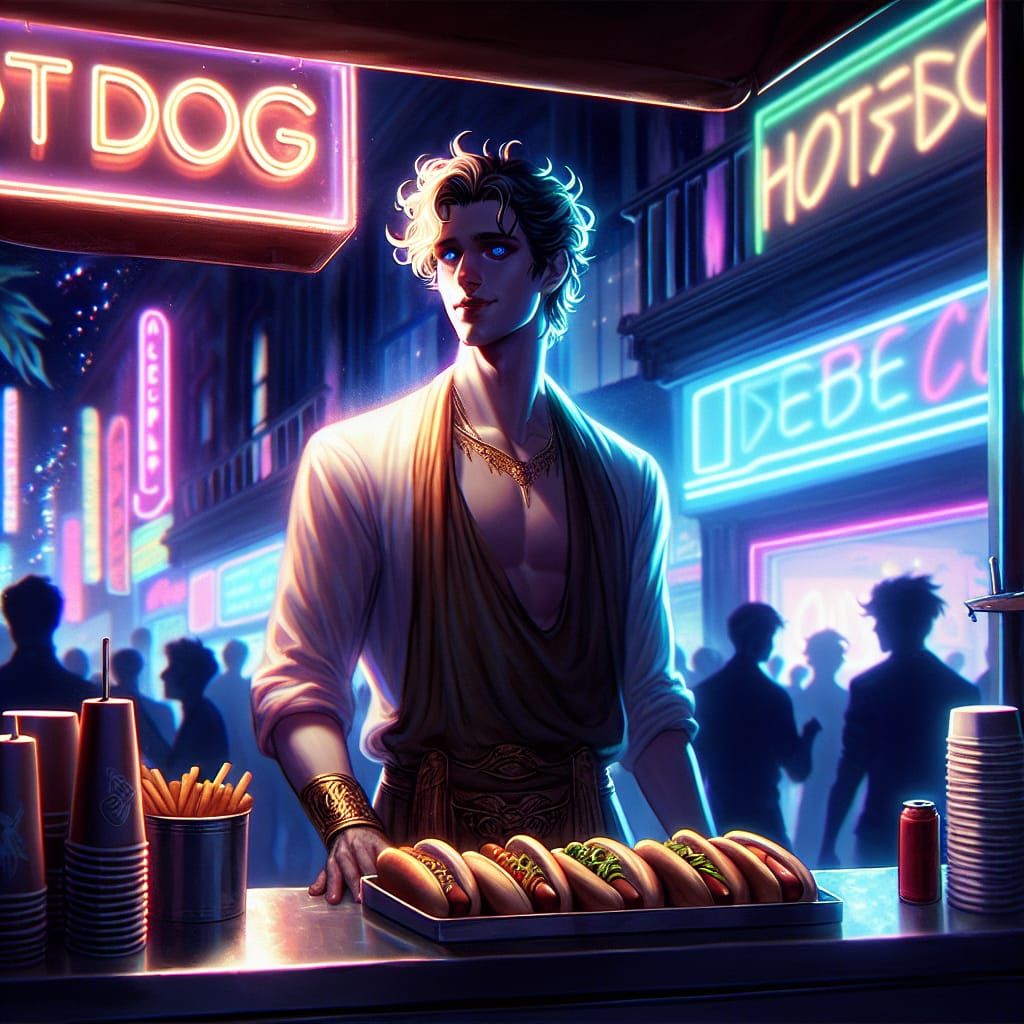 Son of Hades Serving Hotdogs in Cyberpunk City