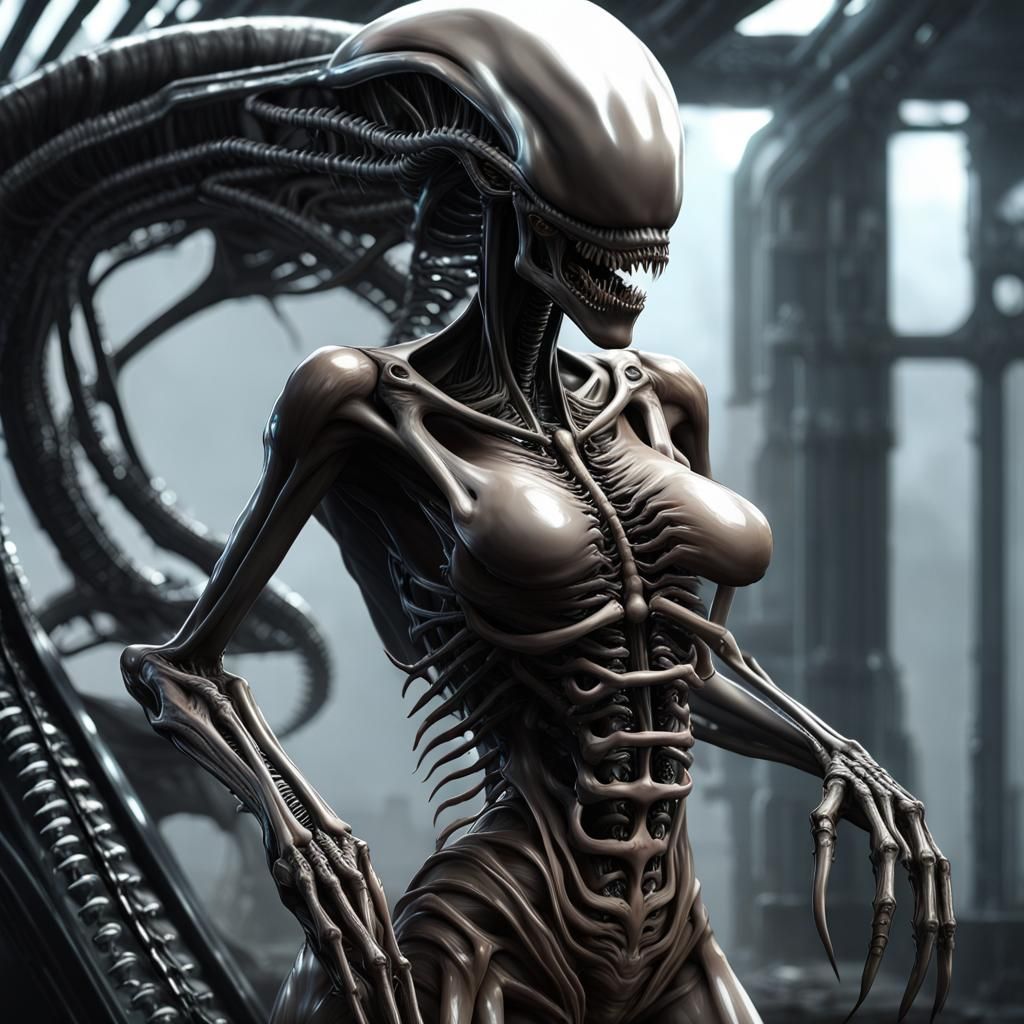 Xenomorph Biomechanical Horror in 3D Anime Art
