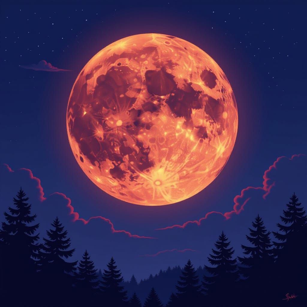 Blood Moon Over Dark Landscape as Digital Painting