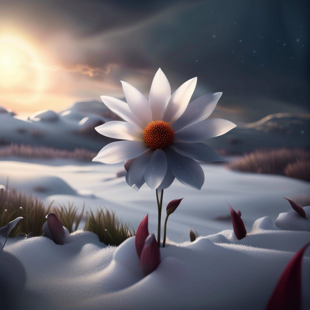 Single Flower Blooms in Early Spring Snow