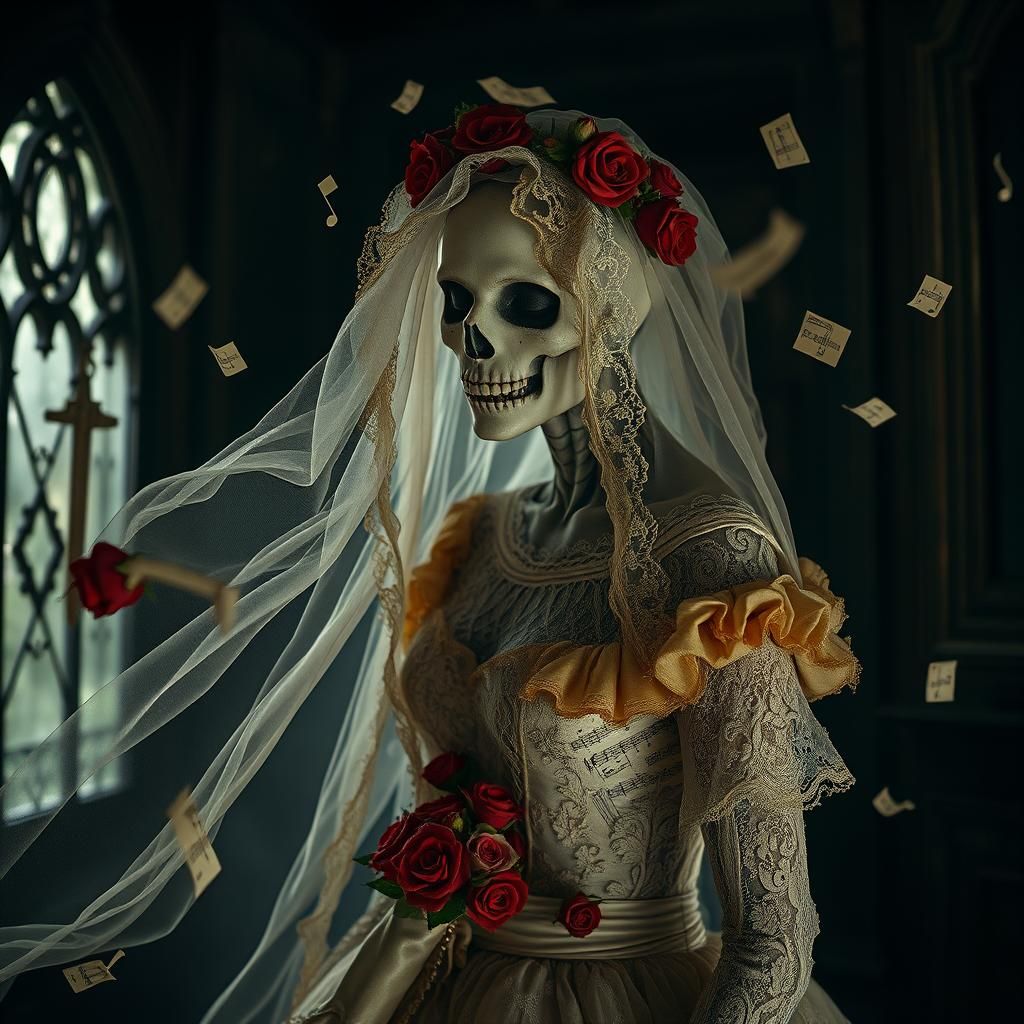 Macabre Bride in Gothic Chamber, Hyperrealistic Image