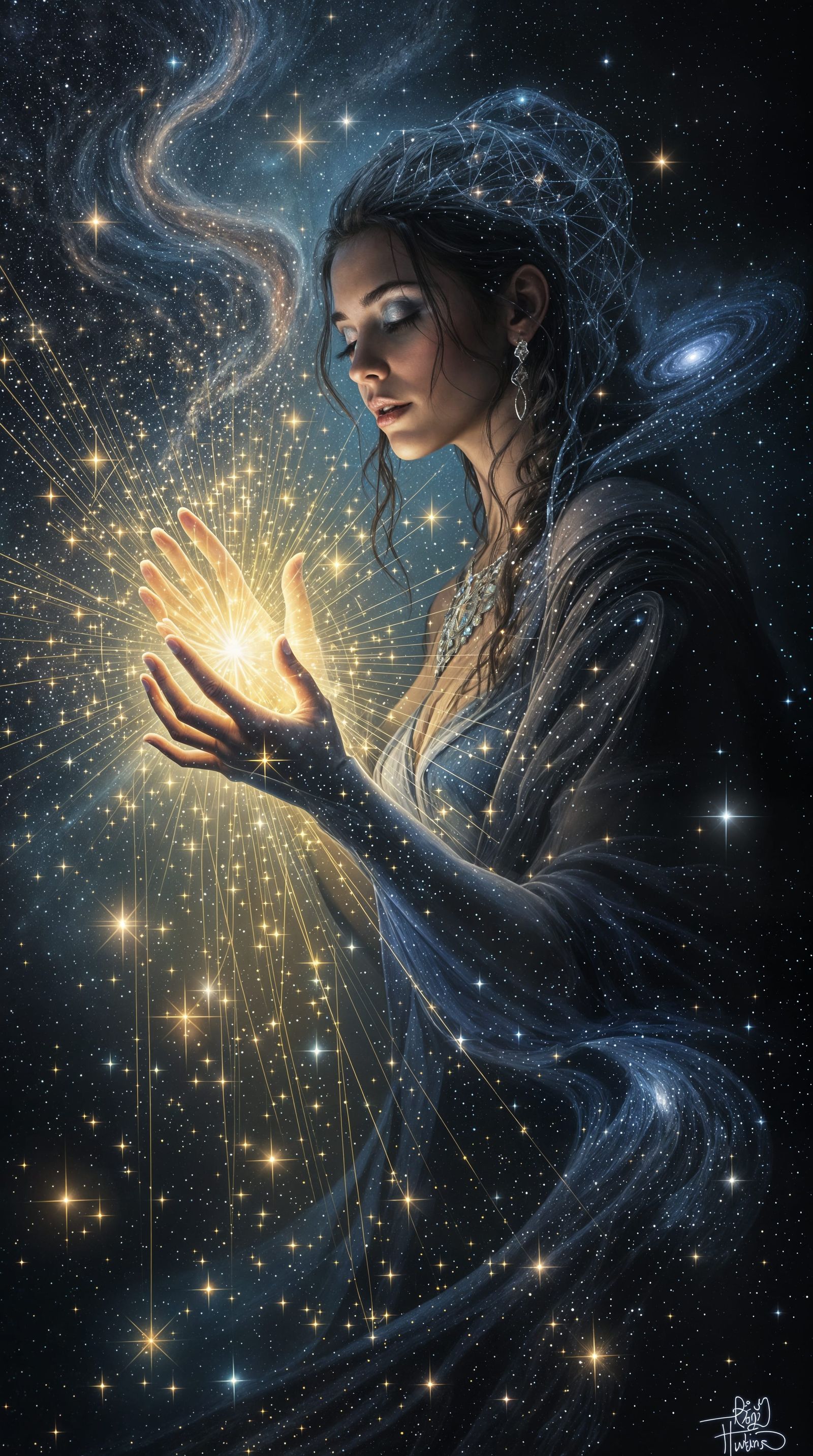 Mystical Weaver of Starlight in Cosmic Tapestry