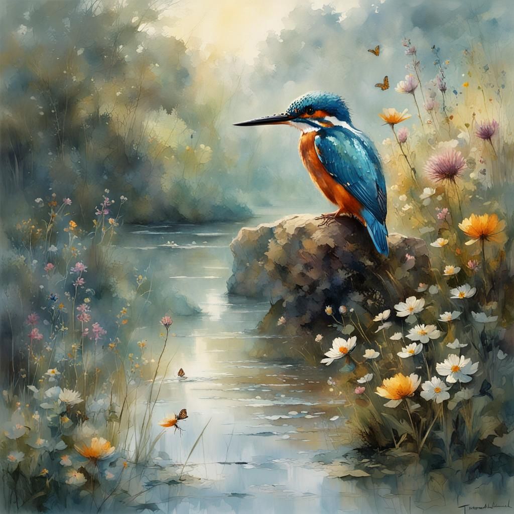 Kingfisher with Wildflowers in Morning Light