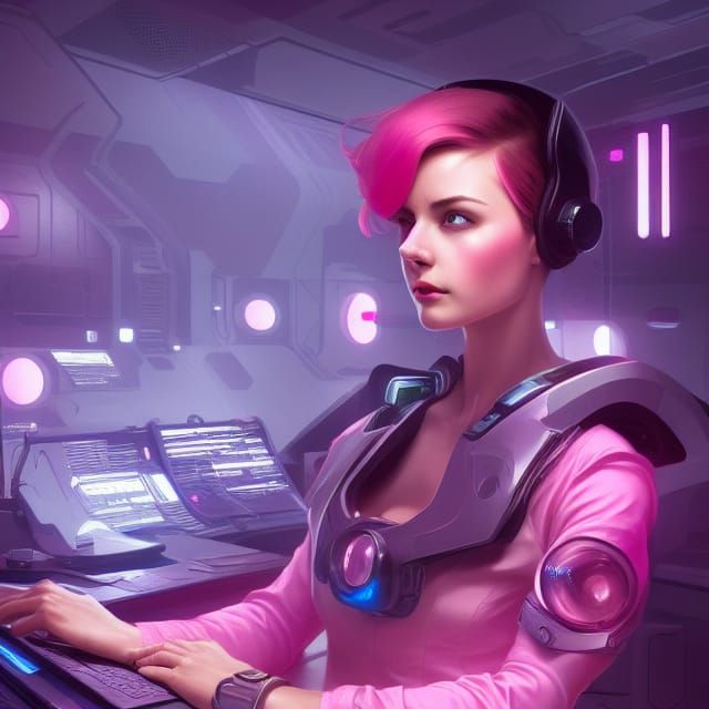 Futuristic Pink-Haired Woman in Control Room