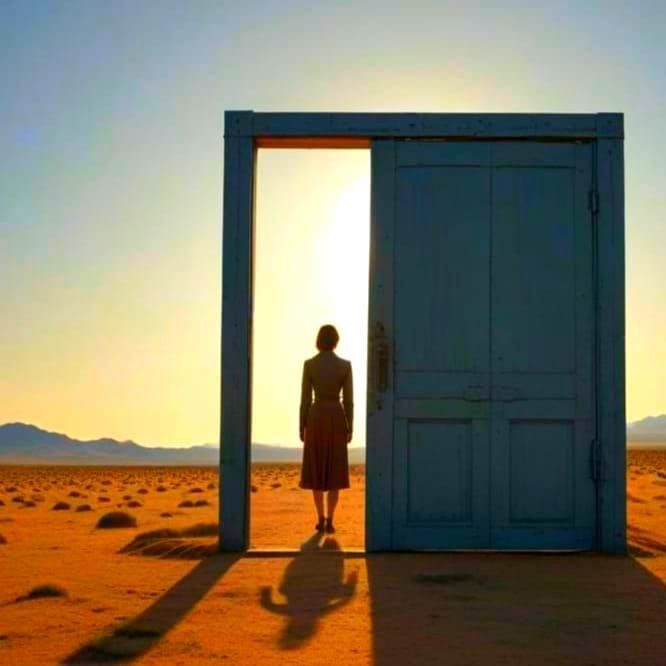 Mysterious Woman Faces a Solo Door on a Deserted Plateau