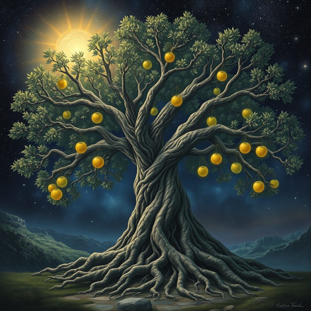 Magical Cosmic Tree Under a Starry Night Sky