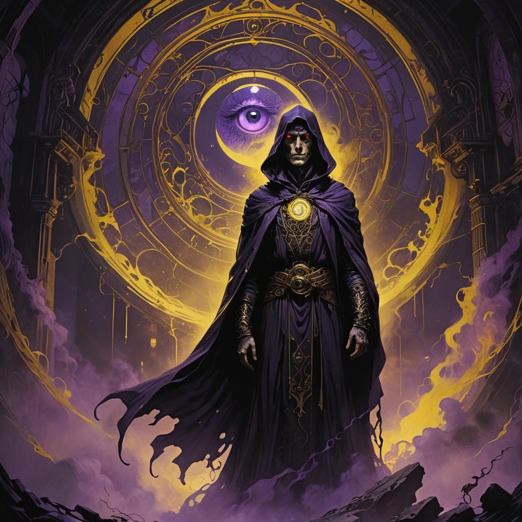 Mysterious Figure with Glowing Eye in Dark Chamber