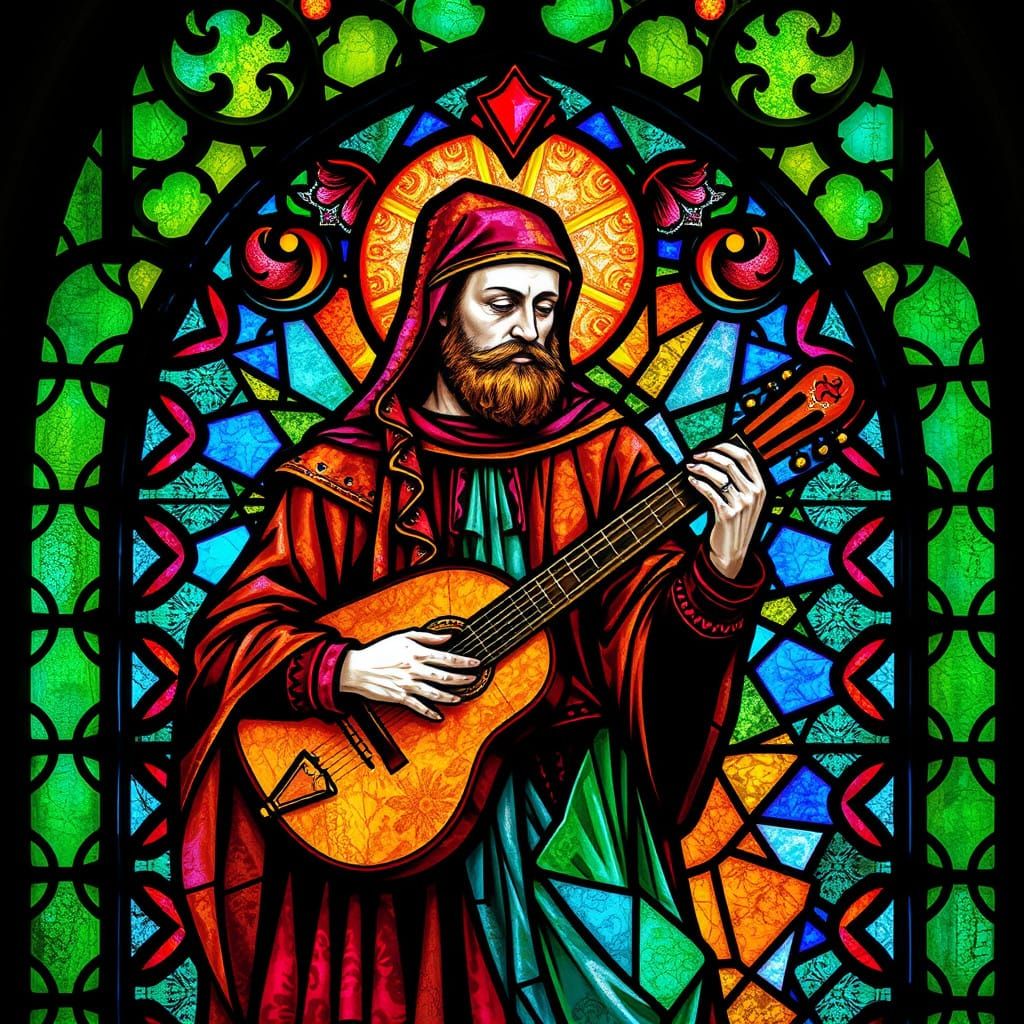 Medieval Stained-Glass Masterpiece with Troubadour and Citte...