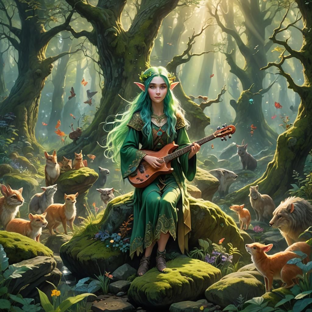 Green-Haired Elf Conducting Animal Orchestra in Forest