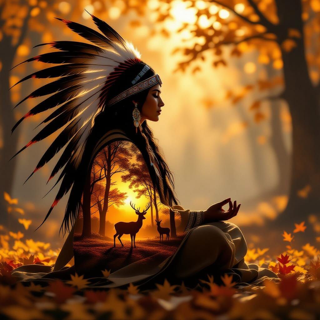 Native Spirit Guide Meditation in Autumn Forest Double Expos...