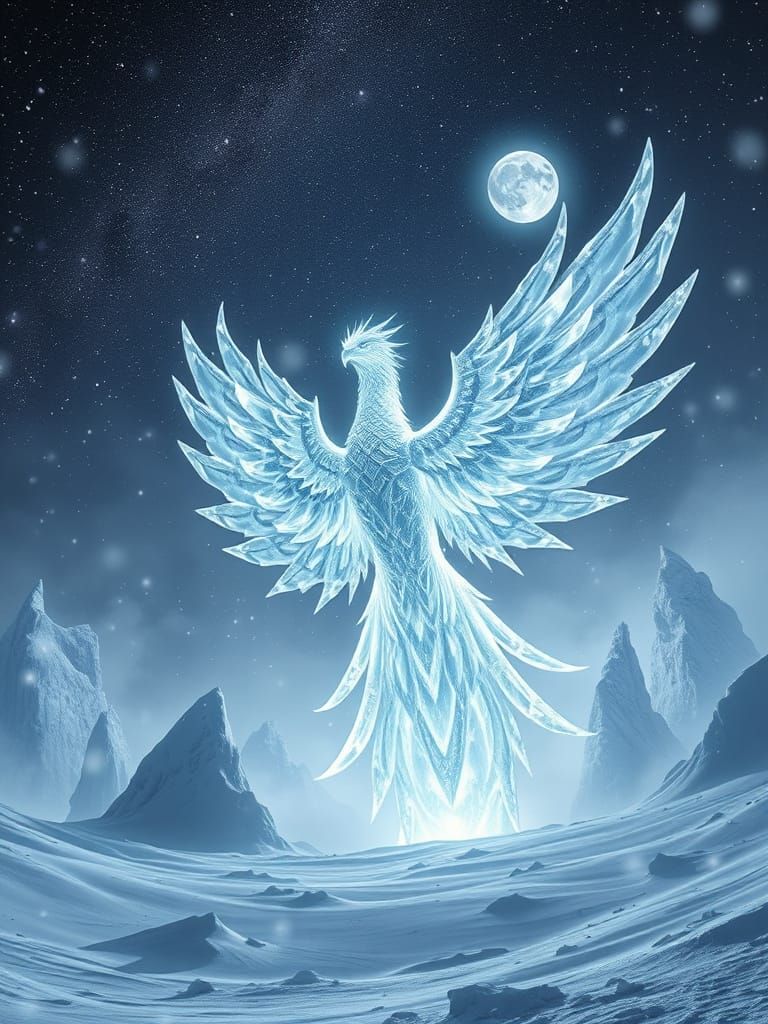 Ethereal Ice Phoenix Radiates Frosty Aura in Arctic Storm