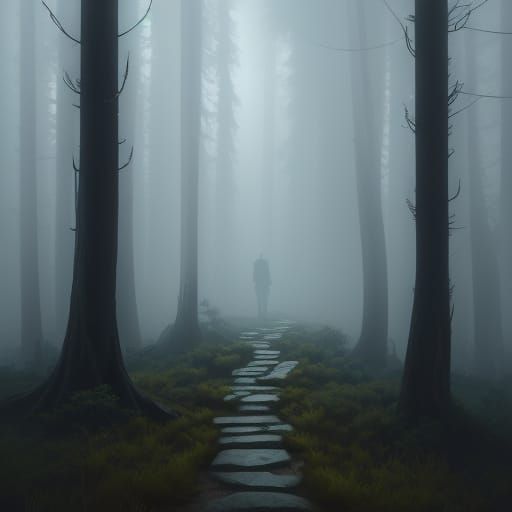 Misty Pine Forest Traveler in Cyberpunk Style