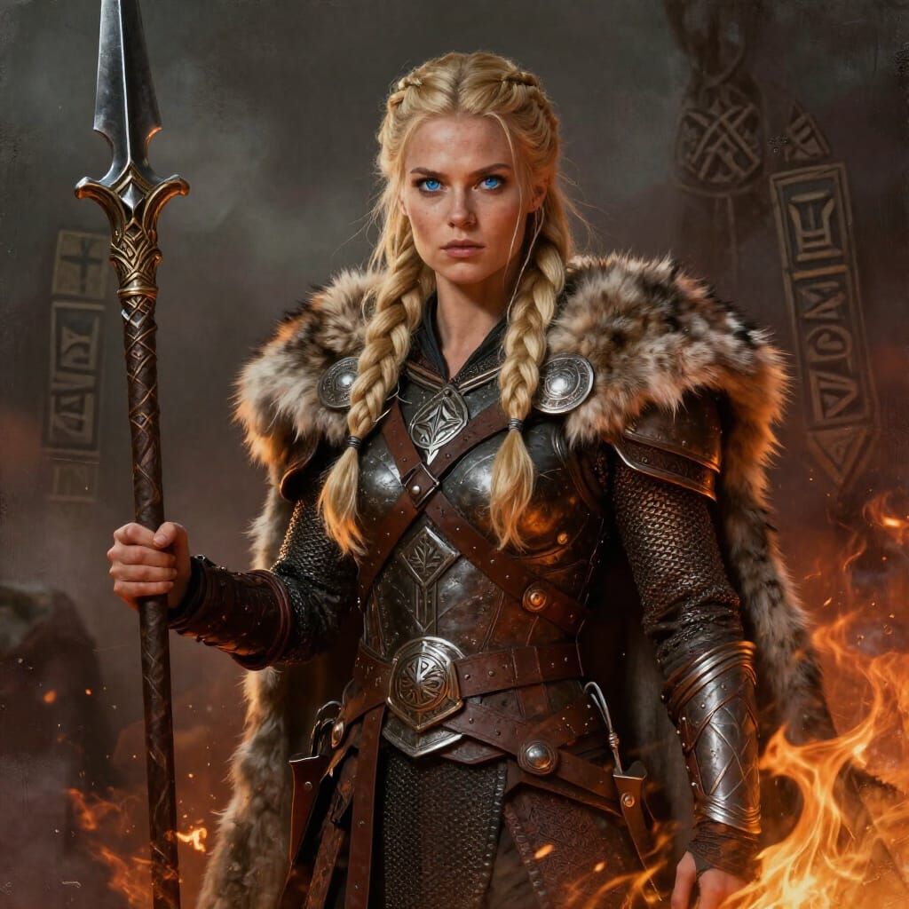 Viking Shieldmaiden in Fiery Fantasy Art