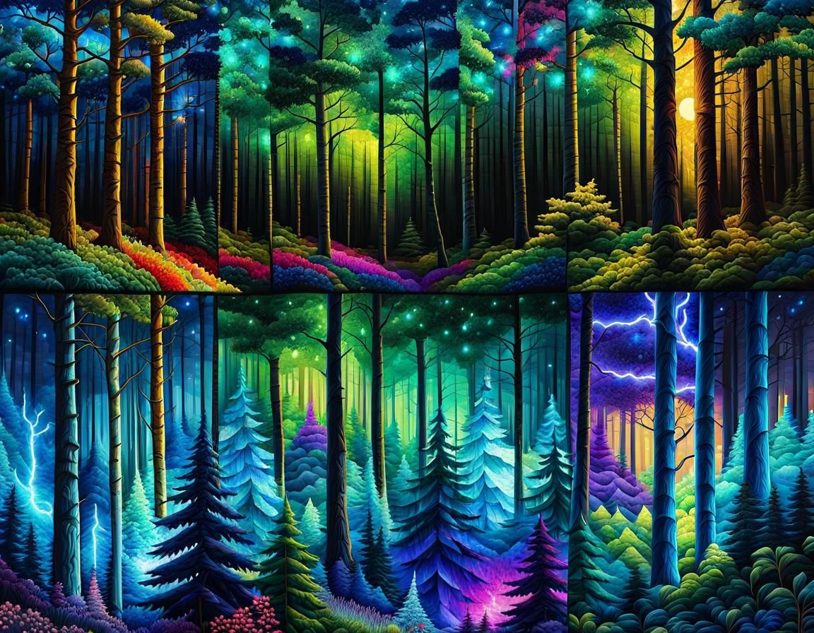 Electric Forest Landscape in Quilted Patchwork Design